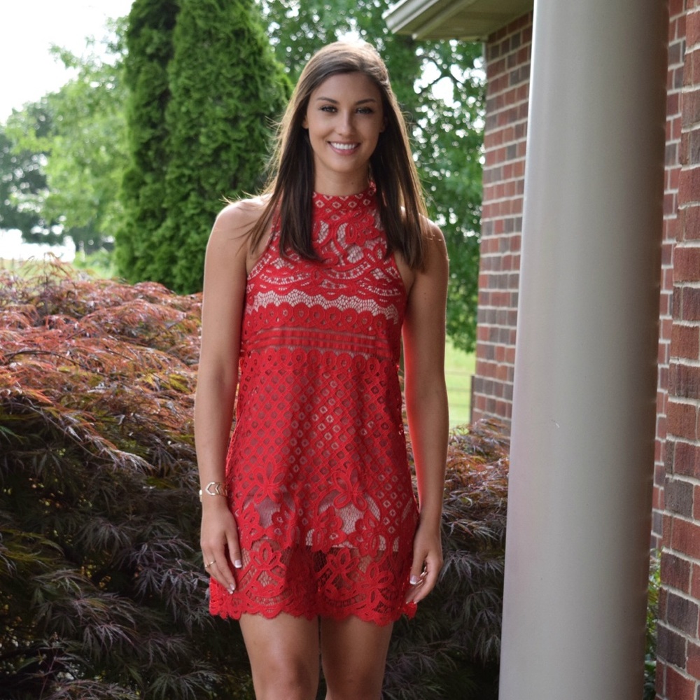 tan and red lace dress